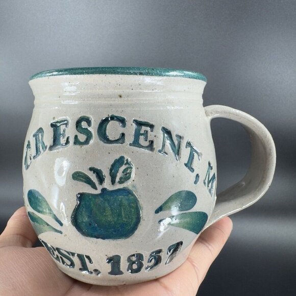 1998 La Crescent Mn Stoneware Pottery Coffee Mug Cup Gray Green Glaze Signed - Picture 8 of 16